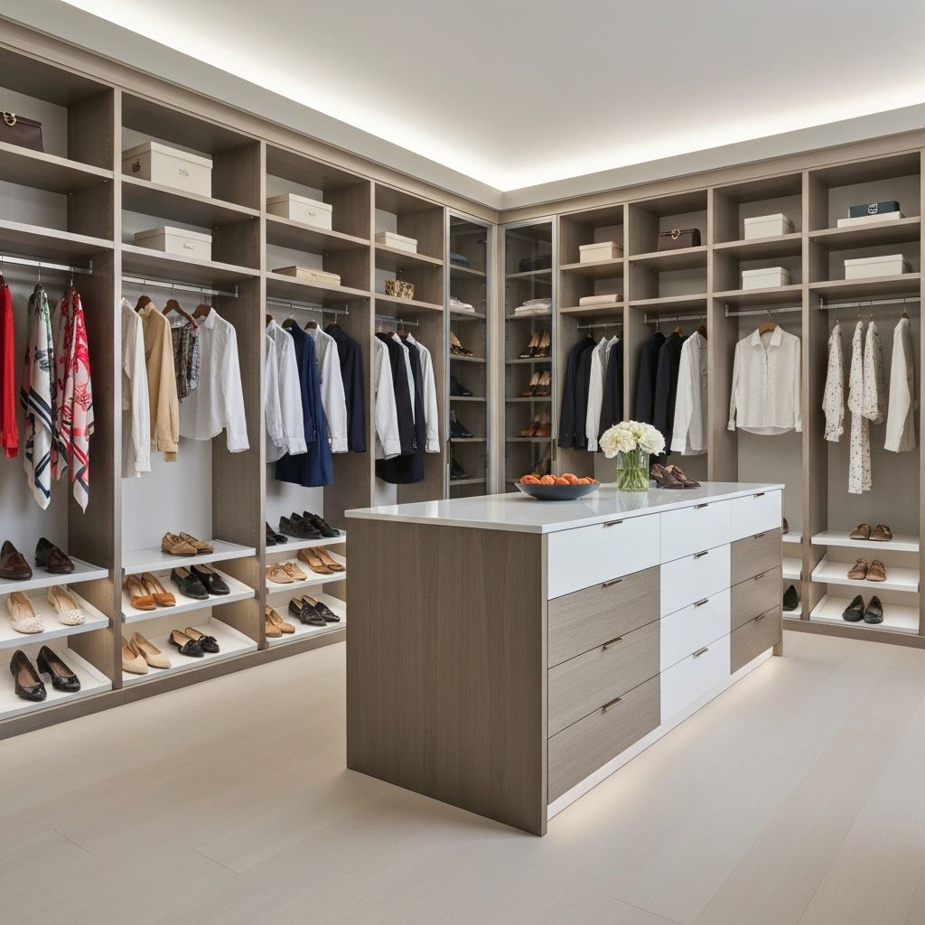 Closet de luxo com ilha central e iluminacao LED