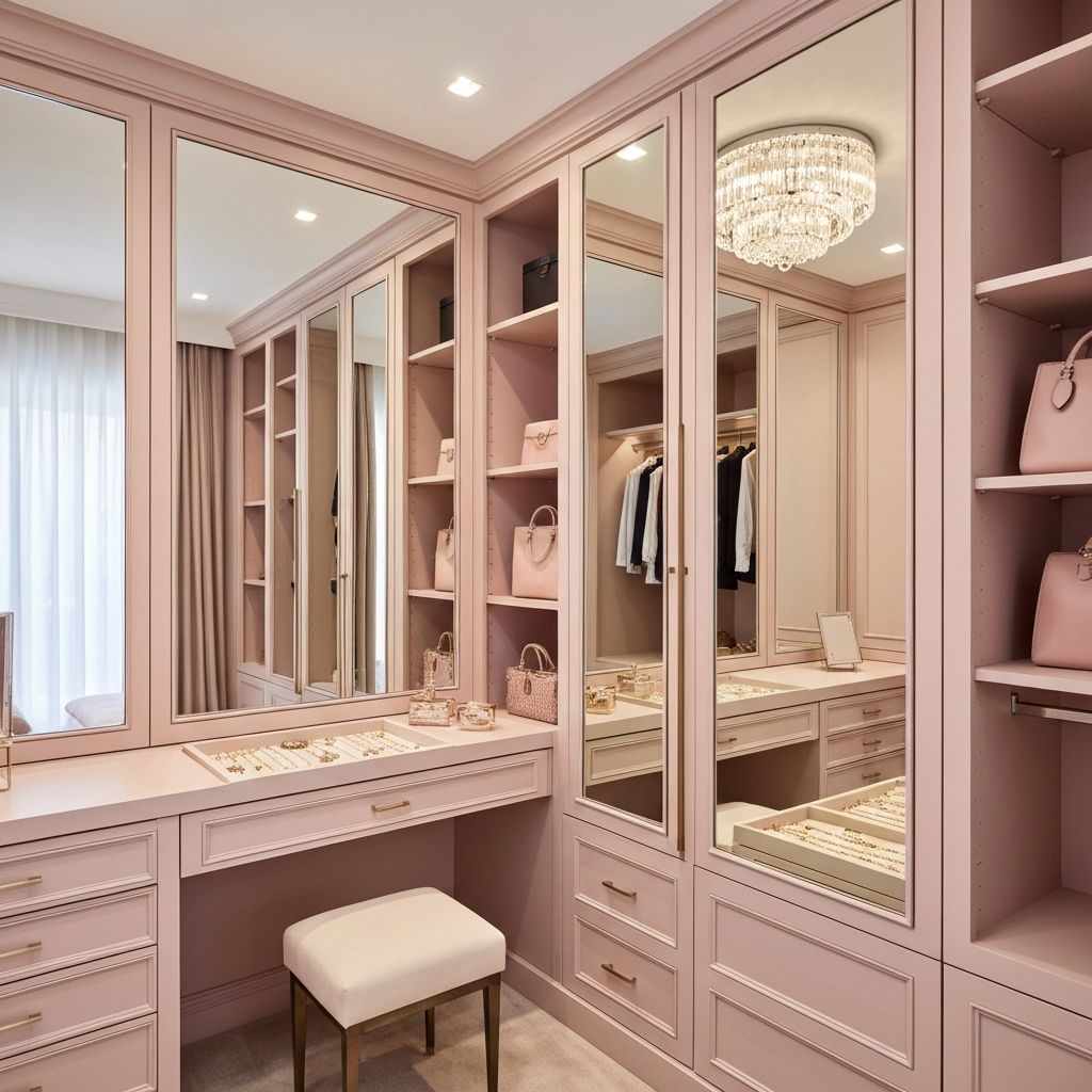 Closet feminino elegante com penteadeira e espelhos