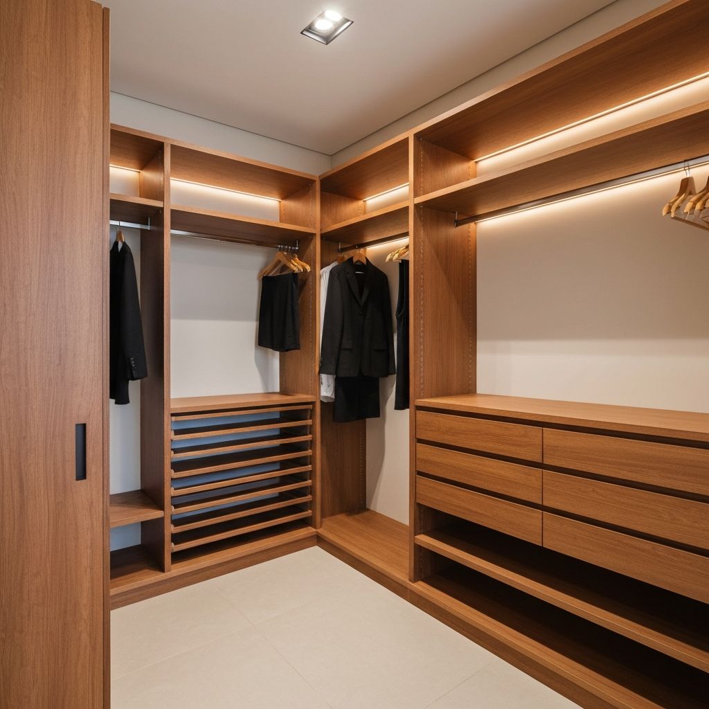 Closet aberto com organizacao completa e tons amadeirados