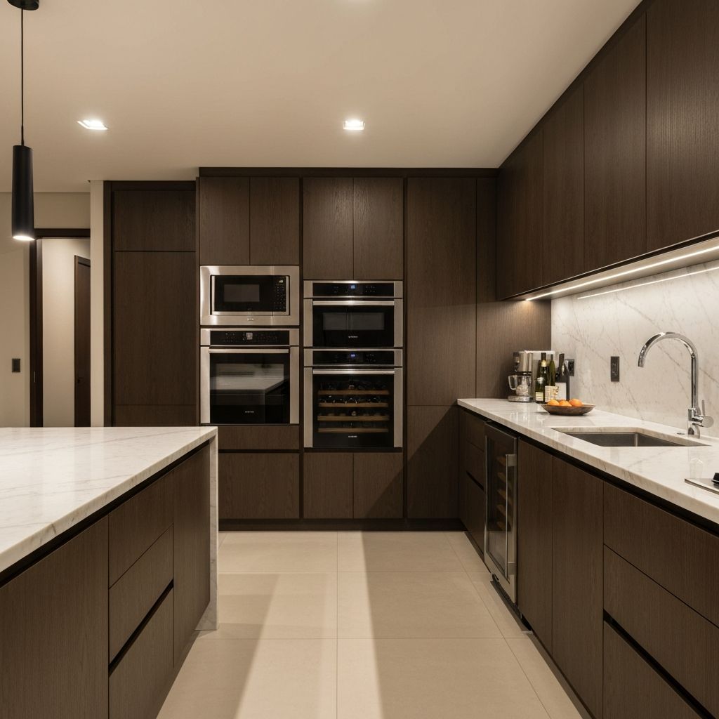 Cozinha contemporanea com armarios escuros e marmore