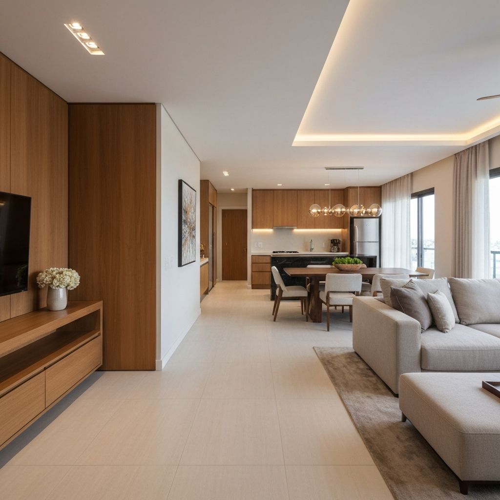 Projeto completo de apartamento com living e cozinha integrados