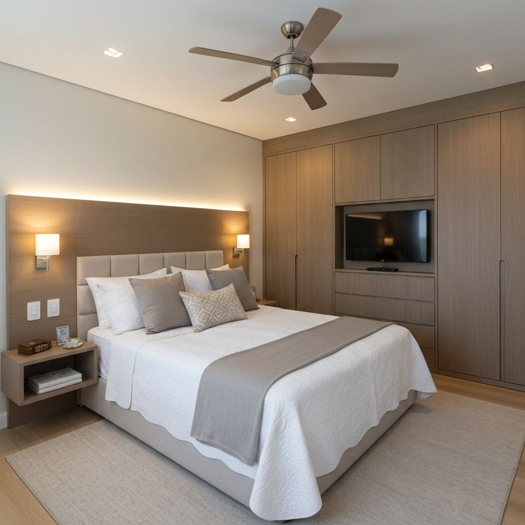 Suite master com cabeceira planejada e roupeiro