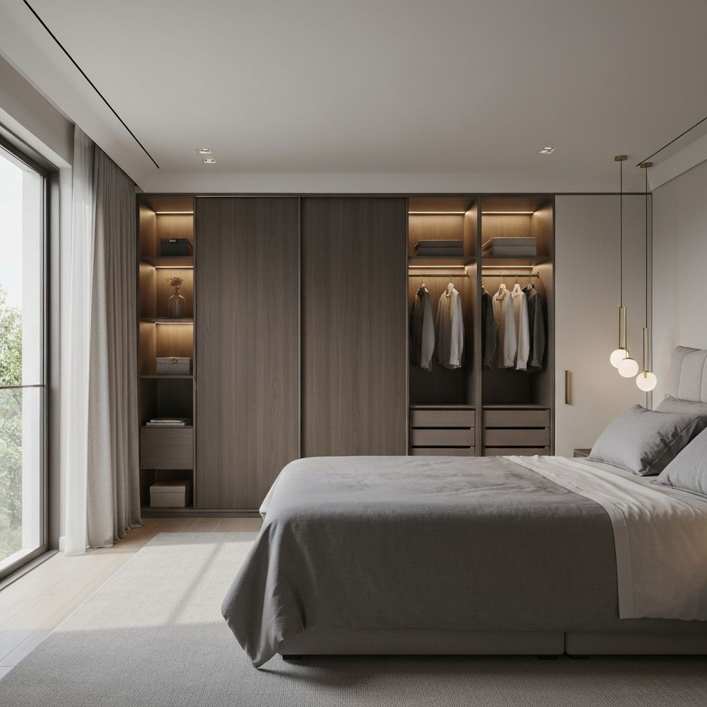 Roupeiro planejado moderno com acabamento em madeira e iluminacao LED