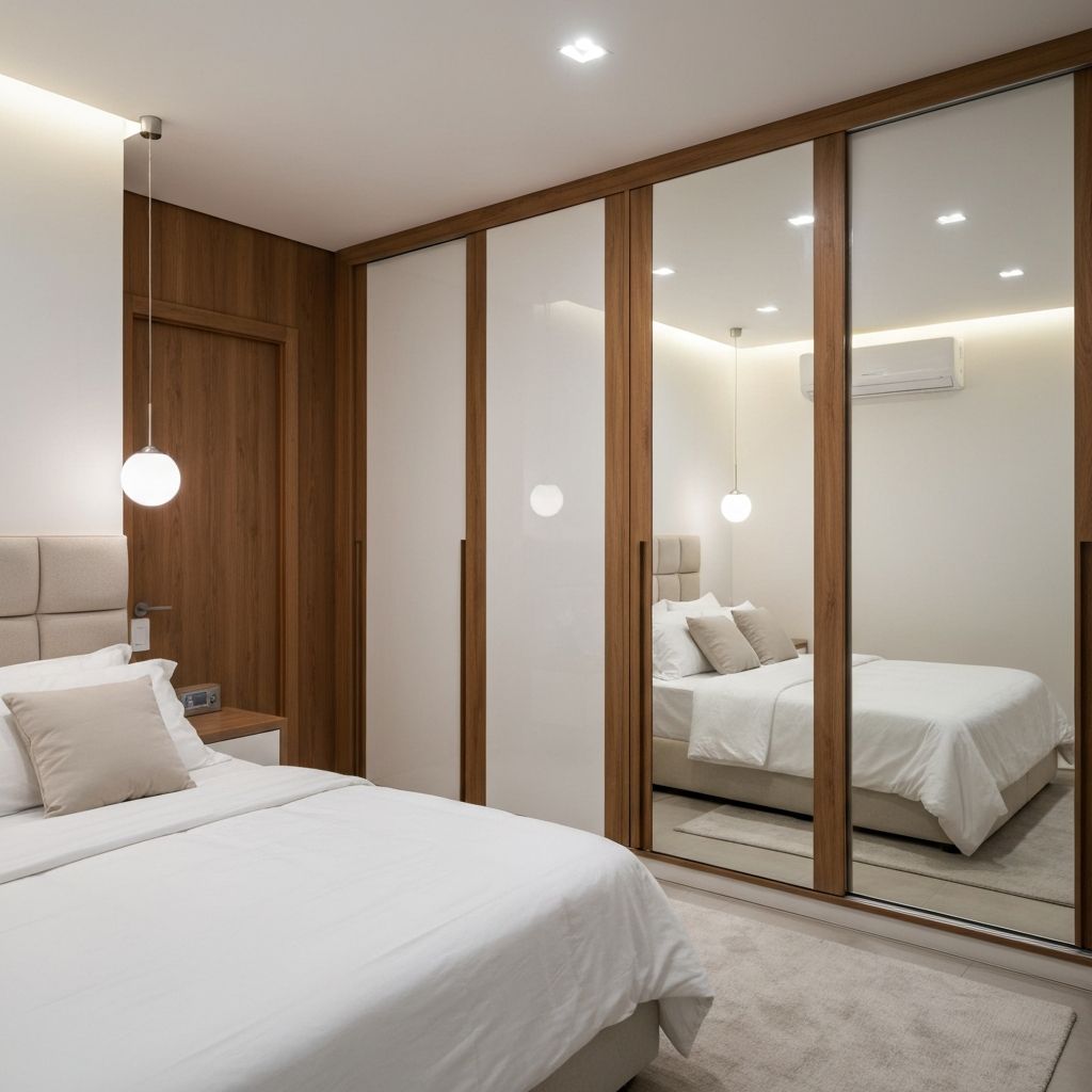 Quarto com roupeiro de parede inteira e portas espelhadas