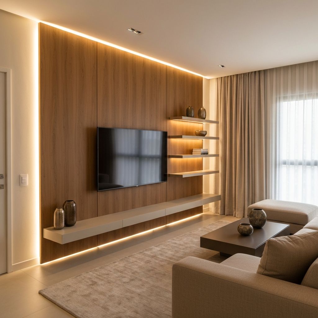 Sala de estar com painel de TV e iluminacao LED