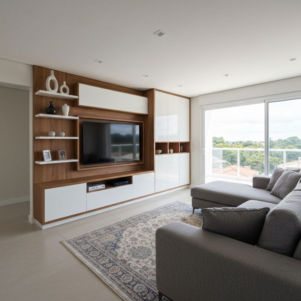 Home theater com estante planejada em madeira e laca